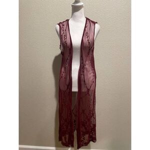 Haute Monde Women Burgundy Lace Long Cardigan-Cover-Up Size L